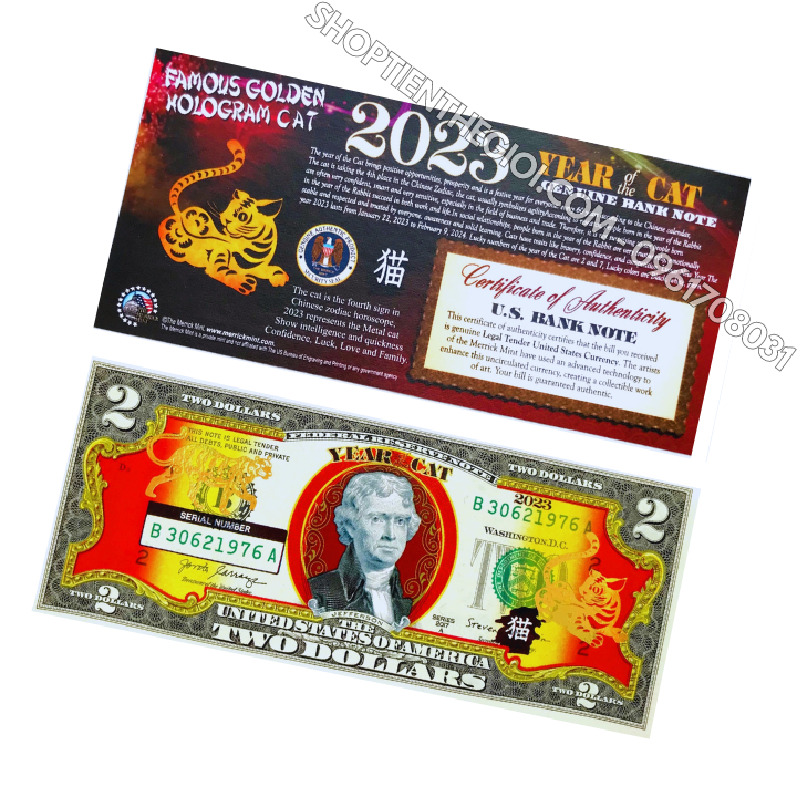 Tiền Năm Sinh 2 USD Hình Con Mèo Mạ Vàng 2023 - SP005990